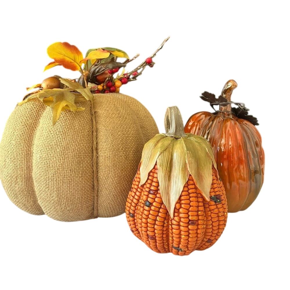 Crate & Barrel Fall Pumpkin Decor Set Burlap Corn Resin Autumn Decororation
